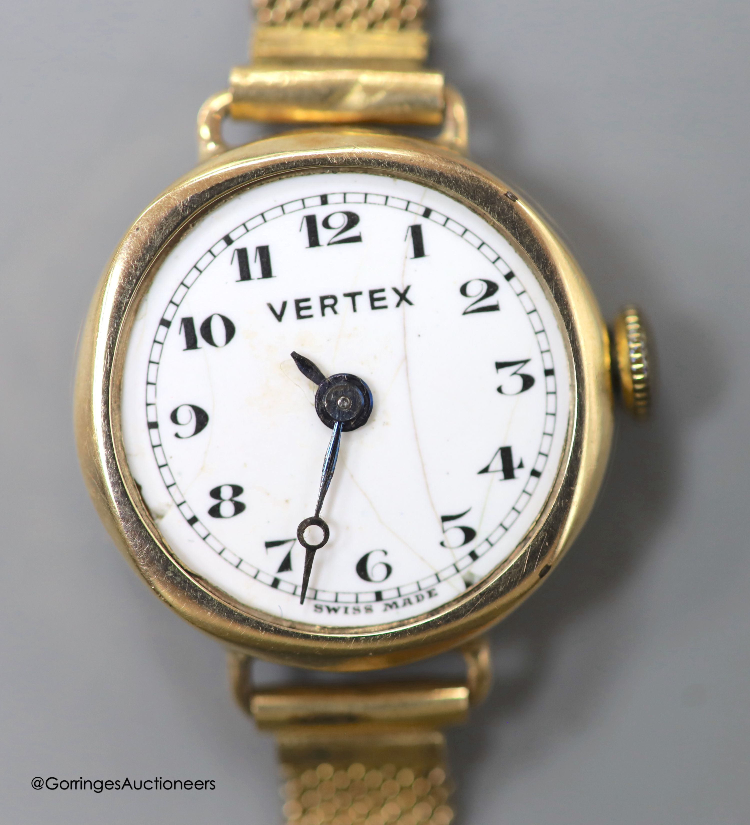 A lady's 9ct gold Vertex manual wind wrist watch, on a rolled gold mesh link bracelet and a similar 9ct gold watch on gold plated flexible bracelet, gross 33 grams.
